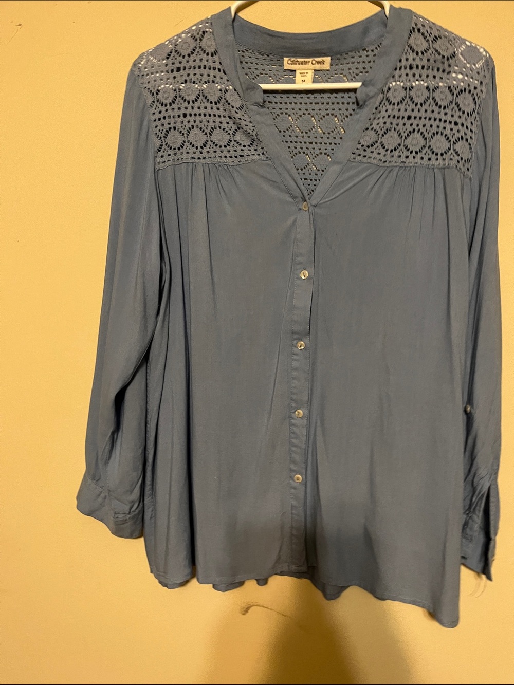 Coldwater Creek Light Blue Crochet-Yoke Button Down Shirt